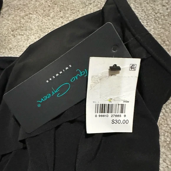 NWT Aqua Green Swimwear Black ruffled tankini top with built in bra size small - Picture 2 of 3